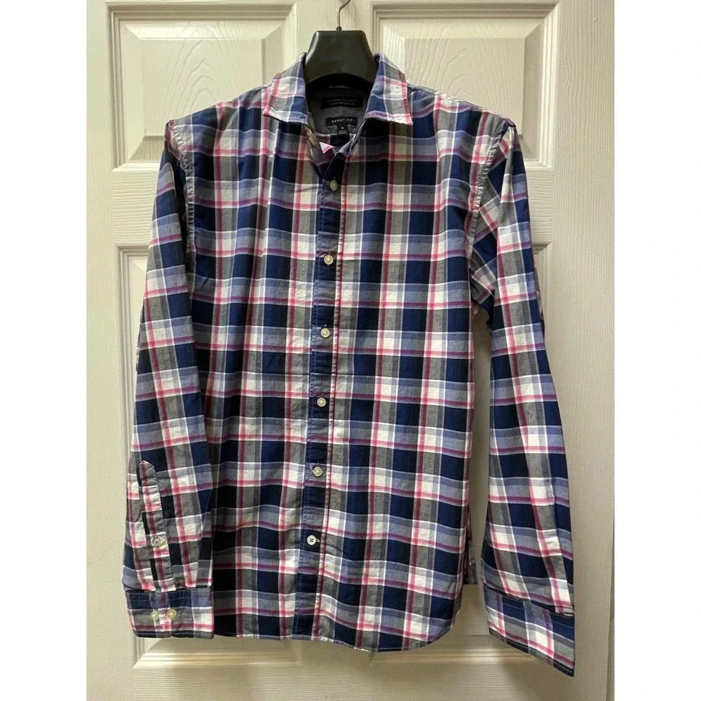 Banana Republic Men's M Grant‎ Fit Shirt Navy Pink Blue Plaid Oxford EUC